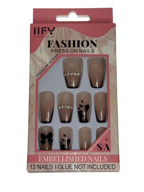 Nude Glitter French Tip Press On Nails Rhinestone Embellished Coffin